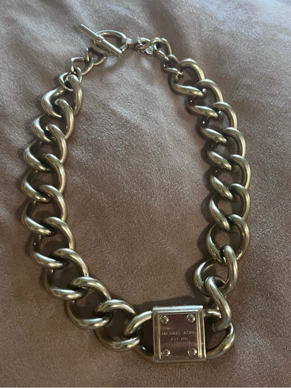 Michael Kors Gold Tone Chunky Chain Necklace with Logo Plate